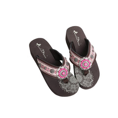 SE108-S096  Mandala Berry Pink Stone Concho Embroidered Wedge Western Flip-Flop By Pairs