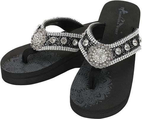 SE111-S001  Mandala Floral Bling Bling  Wedge Flip-Flop By Size - Black