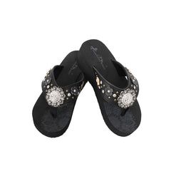 SE124-S001 Mandala Silver Rhinestones Concho Floral Applique Wedge Western Flip-Flop By Size