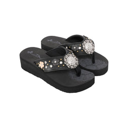 SE124-S001 Mandala Silver Rhinestones Concho Floral Applique Wedge Western Flip-Flop By Size