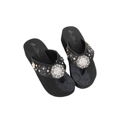 SE124-S001 Mandala Silver Rhinestones Concho Floral Applique Wedge Western Flip-Flop By Size