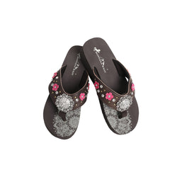 SE124-S001 Mandala Silver Rhinestones Concho Floral Applique Wedge Western Flip-Flop By Size
