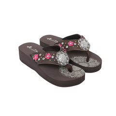SE124-S001 Mandala Silver Rhinestones Concho Floral Applique Wedge Western Flip-Flop By Size