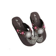 SE124-S001 Mandala Silver Rhinestones Concho Floral Applique Wedge Western Flip-Flop By Size