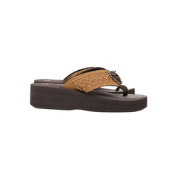 SE125-S191 Mandala Bull Skull Concho Studded Wedge Western Flip-Flop Brown- By Size