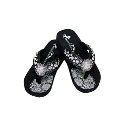SE94-S001 Mandala Crackle Texture Rhinestones Wedge Flip-Flop By Size