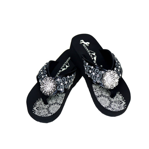 SE95-S001  Mandala Embroidered Rhinestones Wedge Flip-Flop By Case -Black