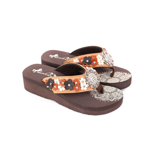 SE97-S001  Mandala Floral Applique Wedge Flip-Flop By Case - Brown