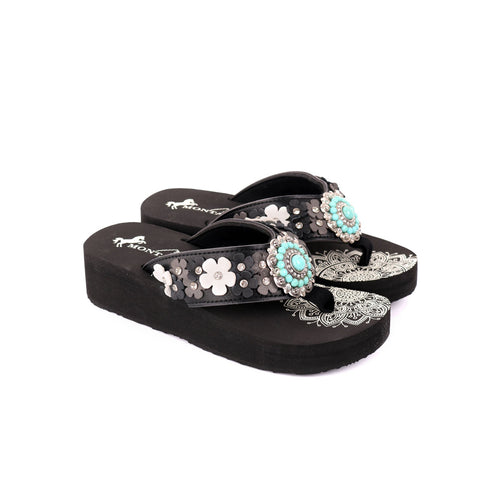 SE97-S096  Mandala Floral Applique Wedge Flip-Flop By Size - Black