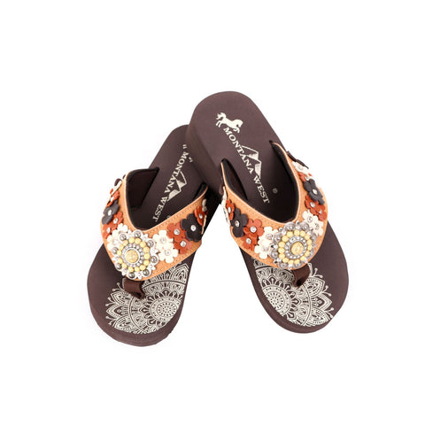 SE97-S096  Mandala Floral Applique Wedge Flip-Flop By Case - Brown