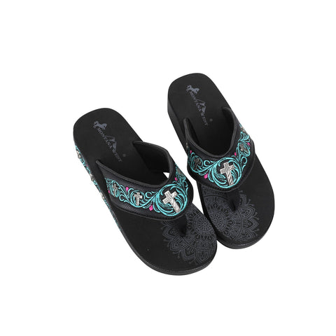 SEF10-S185 Montana West Laser-Cut Embroidered Wedge with Crosses Flip Flops By Size
