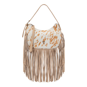 TR-HB-217-918-HPK Trinity Ranch Cowhide Hair On Fringe Hobo Bag - Tan
