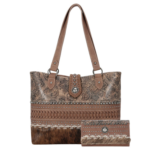 TR136G-8317WBR  Trinity Ranch Hair On Cowhide Collection Concealed Carry Tote Wallet Set -Brown