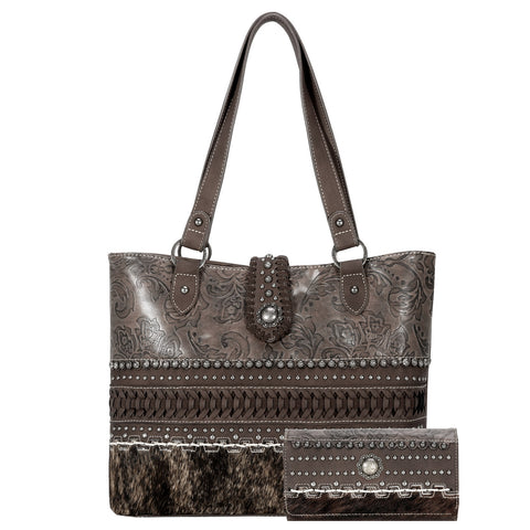TR136G-8317WBR  Trinity Ranch Hair On Cowhide Collection Concealed Carry Tote Wallet Set -Coffee