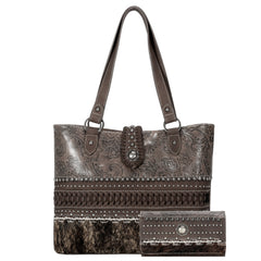 TR136G-8317WBR  Trinity Ranch Hair On Cowhide Collection Concealed Carry Tote Wallet Set -Coffee