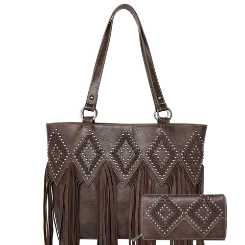 TR143G-8317W  Trinity Ranch Leather Fringe Collection Concealed Carry Tote with Matching Wallet