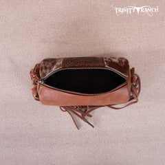 TR159-154  Trinity Ranch Genuine Hair-On Cowhide /Tooled Fringe Collection Barrel Crossbody