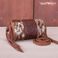 TR159-154  Trinity Ranch Genuine Hair-On Cowhide /Tooled Fringe Collection Barrel Crossbody