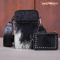 TR159 -183  Trinity Ranch Genuine Hair-On Cowhide /Tooled  Collection Phone Purse with Coin Pouch