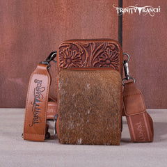 TR159 -183  Trinity Ranch Genuine Hair-On Cowhide /Tooled  Collection Phone Purse with Coin Pouch