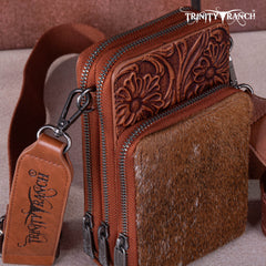 TR159 -183  Trinity Ranch Genuine Hair-On Cowhide /Tooled  Collection Phone Purse with Coin Pouch