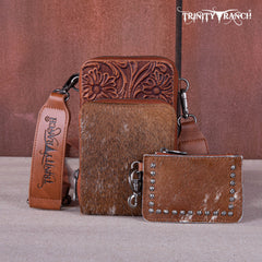 TR159 -183  Trinity Ranch Genuine Hair-On Cowhide /Tooled  Collection Phone Purse with Coin Pouch