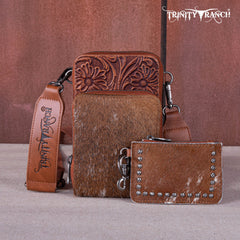 TR159 -183  Trinity Ranch Genuine Hair-On Cowhide /Tooled  Collection Phone Purse with Coin Pouch