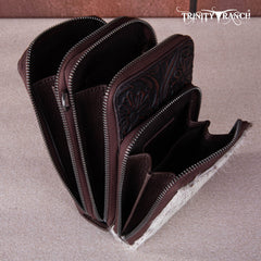 TR159 -183  Trinity Ranch Genuine Hair-On Cowhide /Tooled  Collection Phone Purse with Coin Pouch