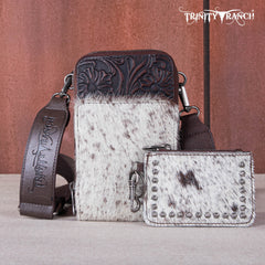 TR159 -183  Trinity Ranch Genuine Hair-On Cowhide /Tooled  Collection Phone Purse with Coin Pouch