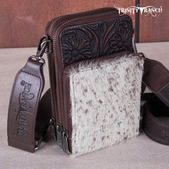 TR159 -183  Trinity Ranch Genuine Hair-On Cowhide /Tooled  Collection Phone Purse with Coin Pouch