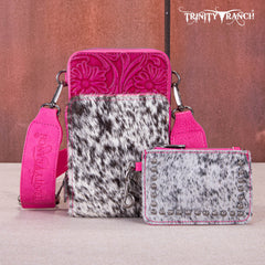 TR159 -183  Trinity Ranch Genuine Hair-On Cowhide /Tooled  Collection Phone Purse with Coin Pouch