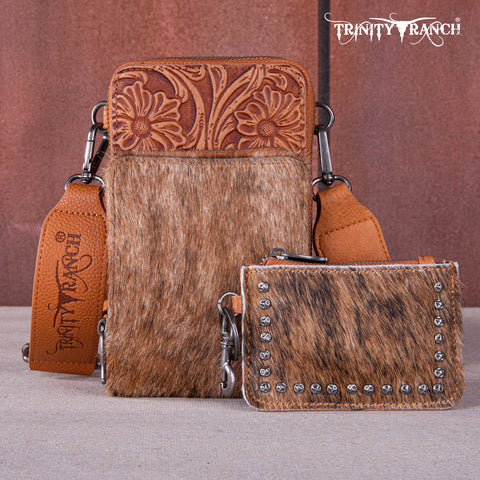 TR159 -183  Trinity Ranch Genuine Hair-On Cowhide /Tooled  Collection Phone Purse with Coin Pouch