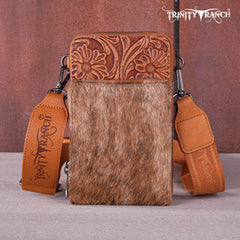 TR159 -183  Trinity Ranch Genuine Hair-On Cowhide /Tooled  Collection Phone Purse with Coin Pouch