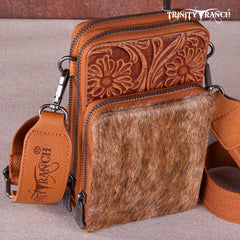 TR159 -183  Trinity Ranch Genuine Hair-On Cowhide /Tooled  Collection Phone Purse with Coin Pouch