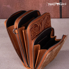 TR159 -183  Trinity Ranch Genuine Hair-On Cowhide /Tooled  Collection Phone Purse with Coin Pouch