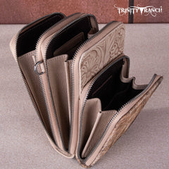 TR159 -183  Trinity Ranch Genuine Hair-On Cowhide /Tooled  Collection Phone Purse with Coin Pouch