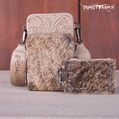 TR159 -183  Trinity Ranch Genuine Hair-On Cowhide /Tooled  Collection Phone Purse with Coin Pouch