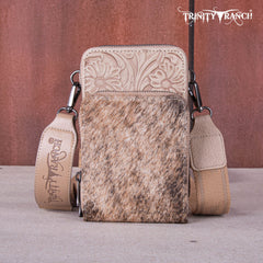 TR159 -183  Trinity Ranch Genuine Hair-On Cowhide /Tooled  Collection Phone Purse with Coin Pouch