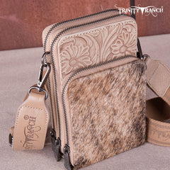 TR159 -183  Trinity Ranch Genuine Hair-On Cowhide /Tooled  Collection Phone Purse with Coin Pouch