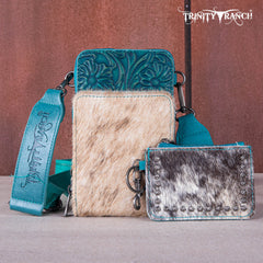 TR159 -183  Trinity Ranch Genuine Hair-On Cowhide /Tooled  Collection Phone Purse with Coin Pouch