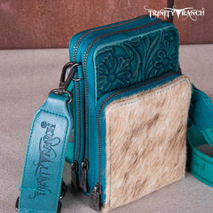 TR159 -183  Trinity Ranch Genuine Hair-On Cowhide /Tooled  Collection Phone Purse with Coin Pouch