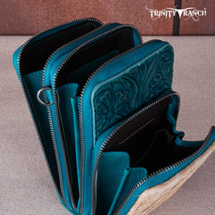 TR159 -183  Trinity Ranch Genuine Hair-On Cowhide /Tooled  Collection Phone Purse with Coin Pouch