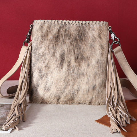 TR162G-2001   Trinity Ranch Hair-On Cowhide Fringe Concealed Carry Crossbody Bag -Tan