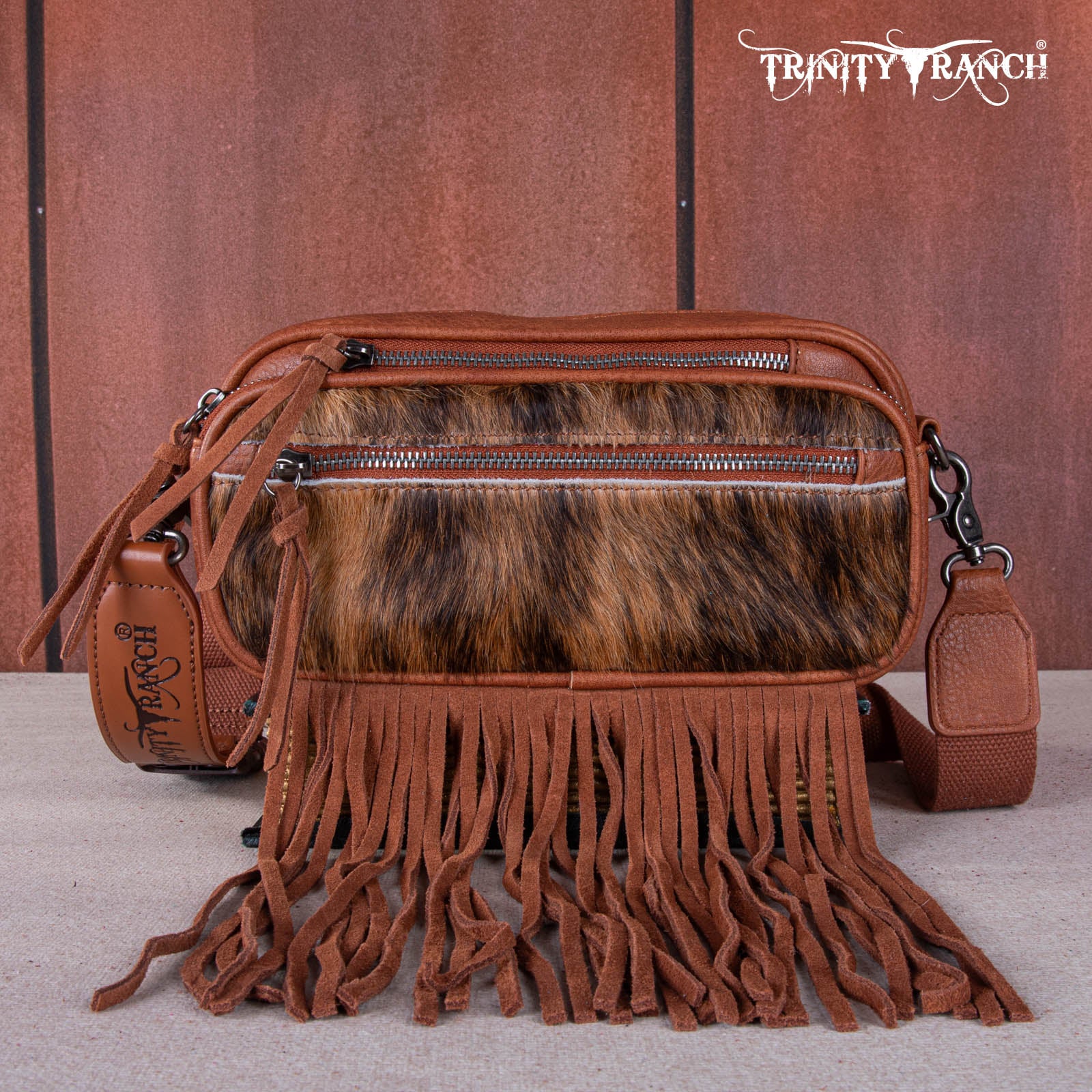 TR165-197 Trinity Ranch Genuine Hair-On Cowhide Triple Zippered Pocket Fringe Belt Bag