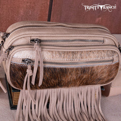 TR165-197  Trinity Ranch Genuine Hair-On Cowhide Triple Zippered Pocket Fringe Belt Bag