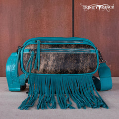 TR165-197  Trinity Ranch Genuine Hair-On Cowhide Triple Zippered Pocket Fringe Belt Bag