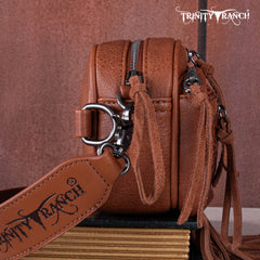 TR165-198  Trinity Ranch Floral Tooled Triple Zippered Pocket Fringe Belt Bag