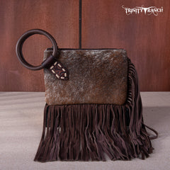 TR167-A181 Trinity Ranch Genuine Hair-On Cowhide Ring Handle Wristlet Clutch Bag - Black