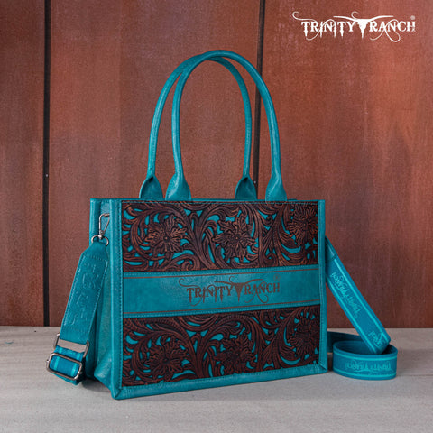 TR169G-8119S Trinity Ranch Floral Tooled Concealed Carry Tote - Turquoise