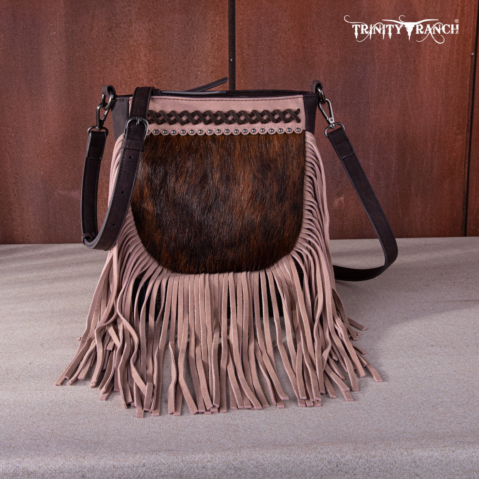 TR171-8360 Trinity Ranch Hair-On Cowhide Fringe Crossbody Bag -Coffee